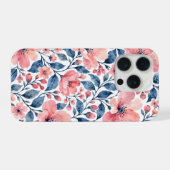 淡いピンクの水彩花と青い葉 iPhoneケース (裏面横)