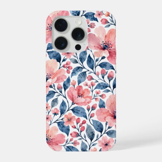 淡いピンクの水彩花と青い葉 iPhoneケース (裏面)