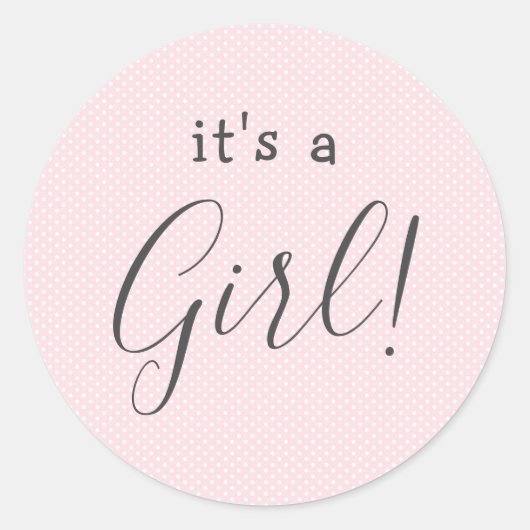 淡いピンクの水玉模様の「It's a Girl」プレゼント ラウンドシール (正面)
