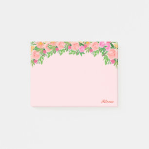 淡いピンクの背景にピンクの花とカリグラフィー ポストイット