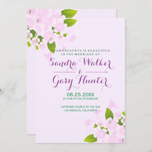 淡いピンクの背景にピンクの花 ウェディング 招待状 (正面/裏面)