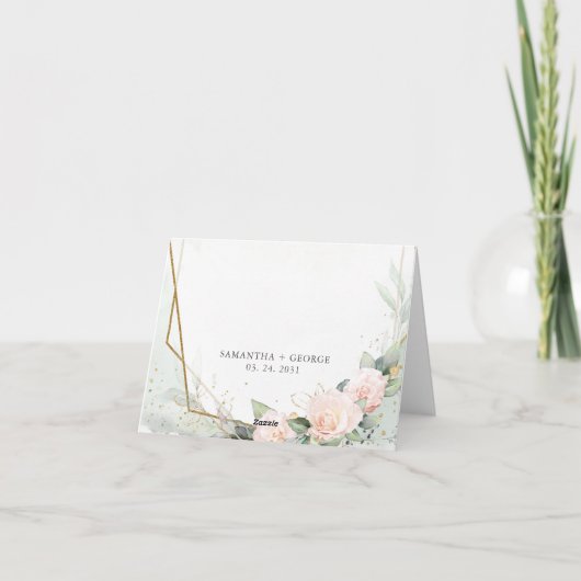 淡いピンクの花とユーカリと金のフレーム サンキューカード (裏面)