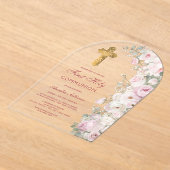 淡いピンクの花のアーチ ファースト コミュニオン クリア アクリル招待状 (レイダウン)