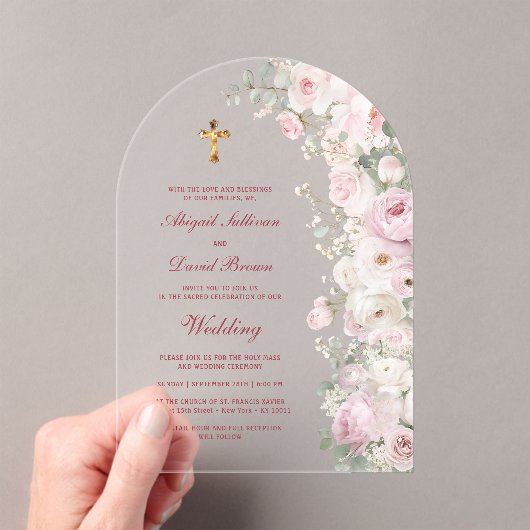 淡いピンクの花のアーチ 宗教的な結婚式 アクリル招待状 (インサイチュ (ポータブル))