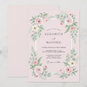 淡いピンクの花のガーランドの結婚式 招待状 (正面/裏面)