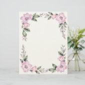淡いピンクの花柄ボーダー文房具用紙 レターヘッド (スタンド正面)