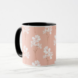 淡いピンクの花 白いフラワーパターン マグカップ