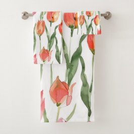 淡いピンクの赤いチューリップのフィールドパターン バスタオルセット