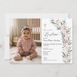 淡いピンクの野の花の女の子の洗礼フォト招待状 招待状