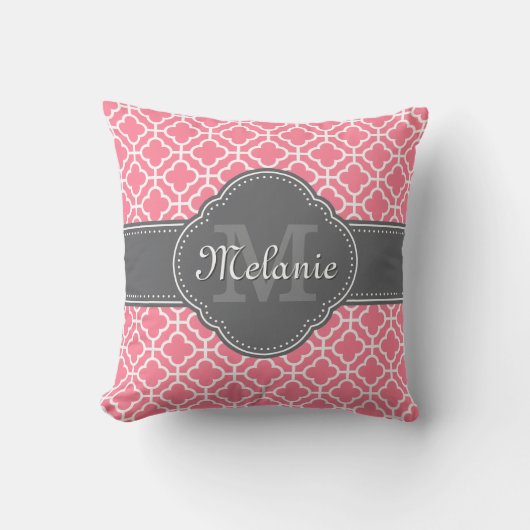 淡いピンク白いモロッコパターンダークグレーモノグラム クッション (正面)