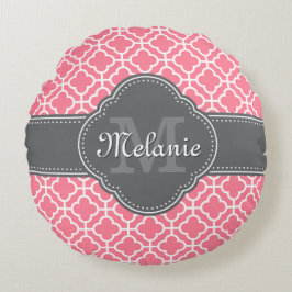 淡いピンク白いモロッコパターンダークグレーモノグラム ラウンドクッション