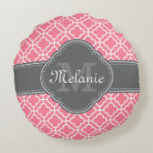 淡いピンク白いモロッコパターンダークグレーモノグラム ラウンドクッション (裏面)