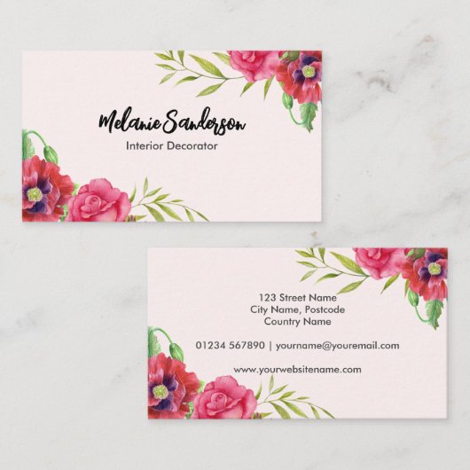 淡いピンク色の赤とピンクの花 名刺 (正面/裏面)