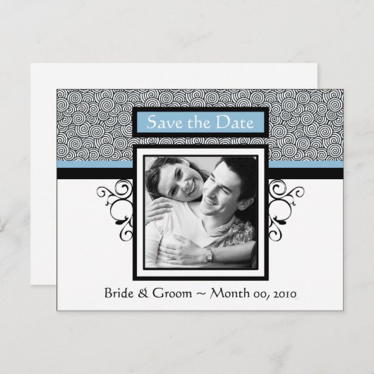 淡いブルーおよび黒い保存日付の写真カード セーブザデート (正面/裏面)