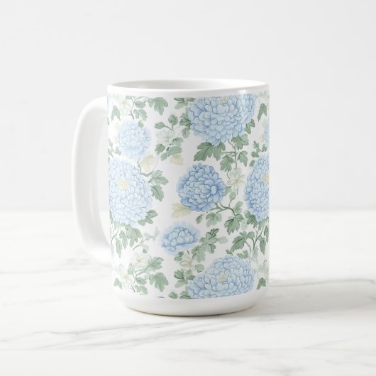 淡いブルーとホワイトのお花  コーヒーマグカップ (正面左)