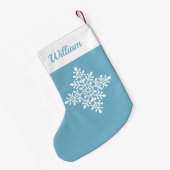 淡いブルーと名前の装飾白いスノーフレーク スモールクリスマスストッキング (裏面 (吊り時))