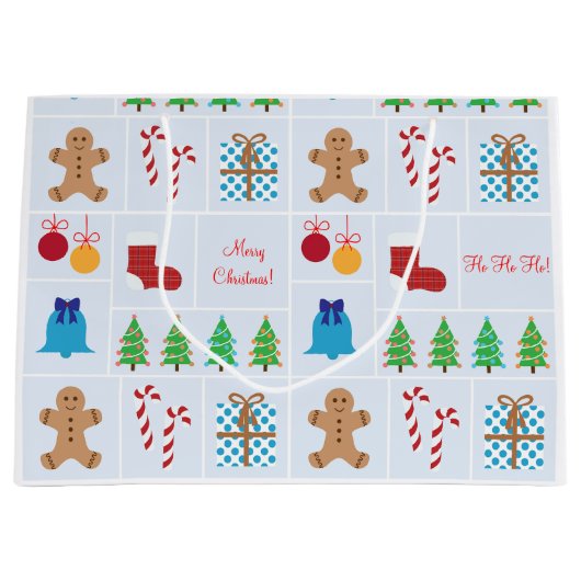 淡いブルーのクリスマスパターン大きいギフトバッグ ラージペーパーバッグ (正面)