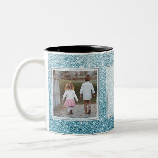 淡いブルーのグリッターの写真及び文字デザインあなた専有物 ツートーンマグカップ (左)