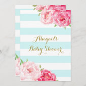 淡いブルーのストライプな水彩画によってはベビーシャワーが開花します 招待状 (正面/裏面)
