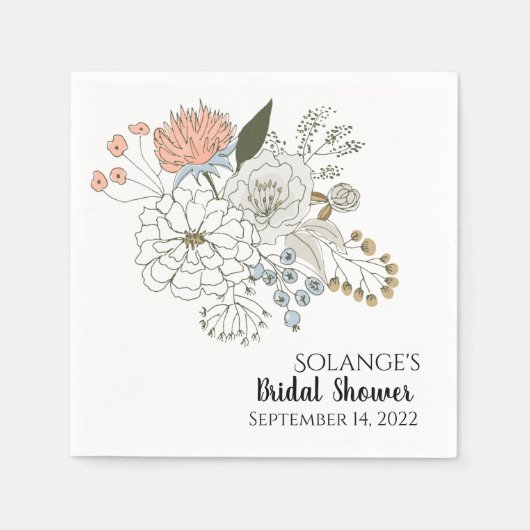 淡いブルーのピンクタン夏の花模様 スタンダードカクテルナプキン (正面)