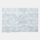 淡いブルーのヴィンテージのダマスク織パターン キッチンタオル (横)