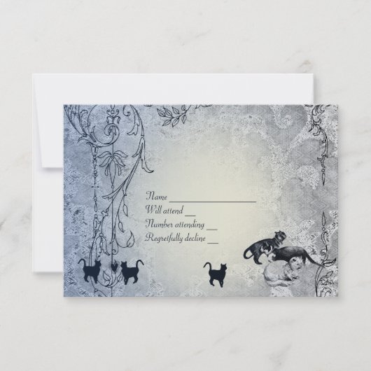 淡いブルーのヴィンテージのenvのぼろぼろの庭猫RSVP 出欠カード (正面)