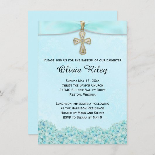 淡いブルーの洗礼の《キリスト教》洗礼式や命名式の招待状 招待状 (正面/裏面)