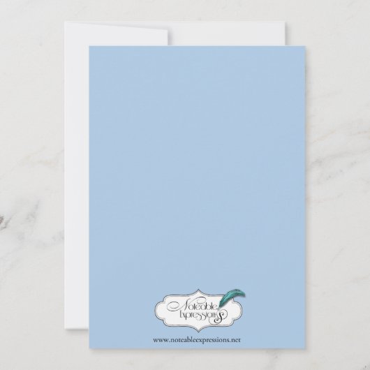 淡いブルーの白いフレームのモノグラムのベビーの発表 案内状 (裏面)