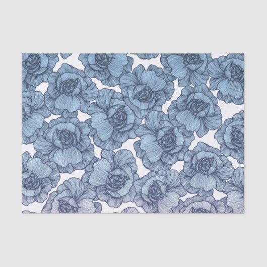 淡いブルーの白くおよび黒くモダンな線画の花 薄葉紙 (正面)