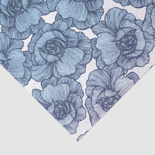 淡いブルーの白くおよび黒くモダンな線画の花 薄葉紙 (詳細)