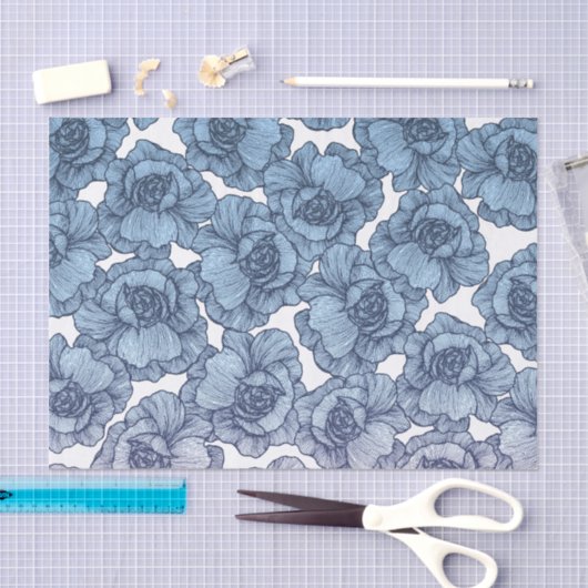 淡いブルーの白くおよび黒くモダンな線画の花 薄葉紙 (クラフト)