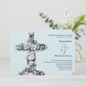 淡いブルーの花の十字のカトリック教の結婚式招待状 招待状 (スタンド正面)