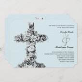 淡いブルーの花の十字のカトリック教の結婚式招待状 招待状 (正面/裏面)