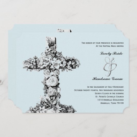 淡いブルーの花の十字のカトリック教の結婚式招待状 招待状 (正面/裏面)