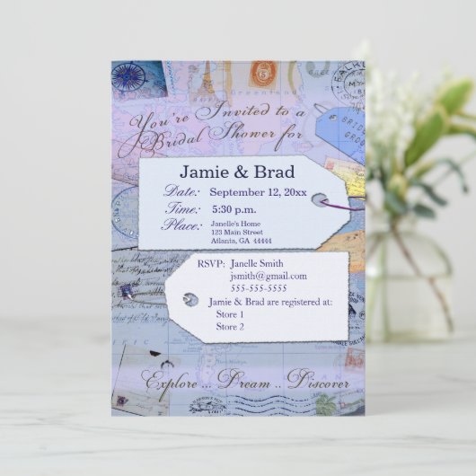 淡いブルーの花嫁旅行シャワーのテーマ 招待状 (スタンド正面)