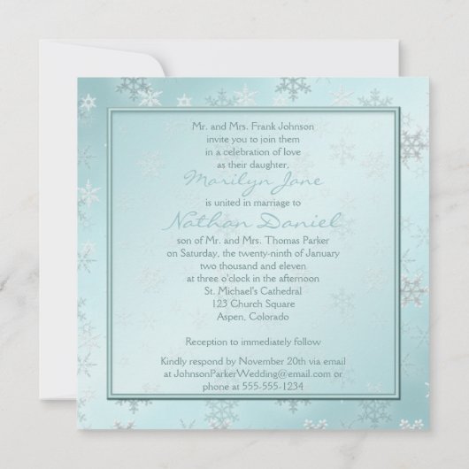 淡いブルーの雪片の結婚式招待状 招待状 (裏面)