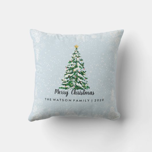 淡いブルーのSnowyのメリークリスマスの木の枕 クッション (裏面)