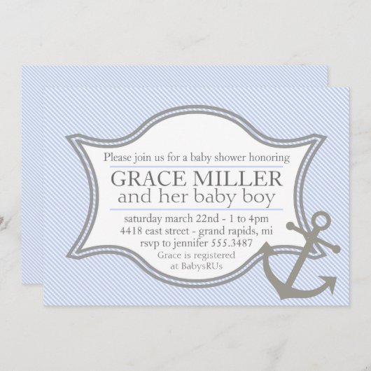 淡いブルー及び灰色航海のなベビーシャワーの招待状 招待状 (正面/裏面)