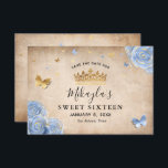 淡いベビーブルーとゴールドローズのエレガント セーブザデート<br><div class="desc">エレガントなベビーブルーとゴールドのパーティテーマのセーブ・ザ・デートのアイデアをお探しなら、これらのユニークなDIYテンプレートのセーブ・ザ・デート招待状は、特別な日に合わせて簡単にカスタマイズできます。ラファエラ・ウィルソンによる花の植物芸術は、偽のメタリックゴールドでアクセントをつけた淡い青いバラ、ティアラの王冠、そしてきらきらとしたグリッターの紙吹雪の蝶をスポットライトで照らし、古い巻物のようなヴィンテージの羊皮紙の背景に輝きを加えています。これらの美しくエレガントなセーブ・ザ・デートカードは、スイート16の誕生日パーティーのために視覚的に表現されています。しかし、すべてのテキストフィールドは、ローズウェディング、ベビーブルーのキンチアネラ（15歳/クイーンズ・バースデー）、シンデレラのプリンセスガールベビーシャワー、ロイヤルフェアリーテイルのブライダルシャワーなど、他の特別な行事のためにカスタマイズできます。 セーブ・ザ・デートのマグネットやクラシックなポストカードの代わりに作成したい場合は、幻想的な蝶のデザインを別のステーショナリーテンプレートに転送できます。おしゃれなタイポグラフィスタイルを試して、スクリプトのカリグラフィーやモダンなフォントを自由に変更して、好みのものにすることもできます。裏面には十分なスペースがあるので、希望に応じて、ミス・キンセ・アノスの写真や婚約写真を含めることができます。 軽い羊皮紙、淡い青い水彩のバラとソフトなオンブレのローズグラデーションなど、追加のクールなオプションも利用できます。 カテゴリー：エレガントなセーブ・ザ・デートのウェディングステーショナリー/郵便アクセサリー; そしてかわいいスイート16のセーブ・ザ・デートの花付き招待状。 ベビーブルーとゴールドのパーティテーマカラー：ライトダスティーブルーパステル、イエローシャンパンゴールド、タン、ライトブラウン、ブラックアンドホワイト。</div>