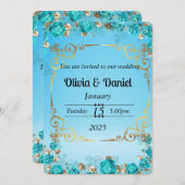 淡いベビーブルーの花柄ゴールドの結婚式のカード 招待状 (正面/裏面)