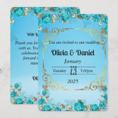 淡いベビーブルーの花柄ゴールドの結婚式カード 招待状 (正面/裏面)