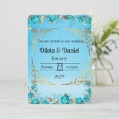 淡いベビーブルーの花柄ゴールドの結婚式カード 招待状 (スタンド正面)