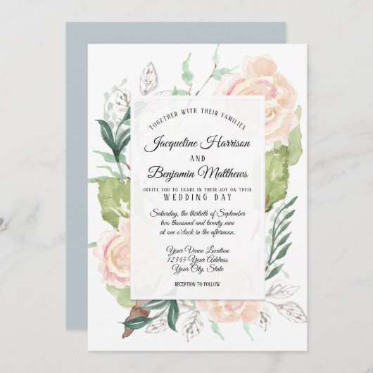 淡いミスト エレガント ウォーターカラー アート フローラル アイボリー ローズ 招待状 (正面/裏面)