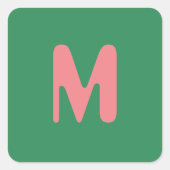 淡いモダンピンクのイニシャル文字 |海藻グリーン スクエアシール (正面)