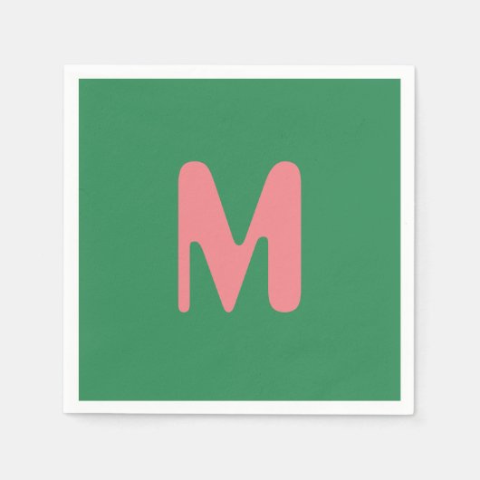 淡いモダンピンクのイニシャル文字 |海藻グリーン スタンダードカクテルナプキン (正面)