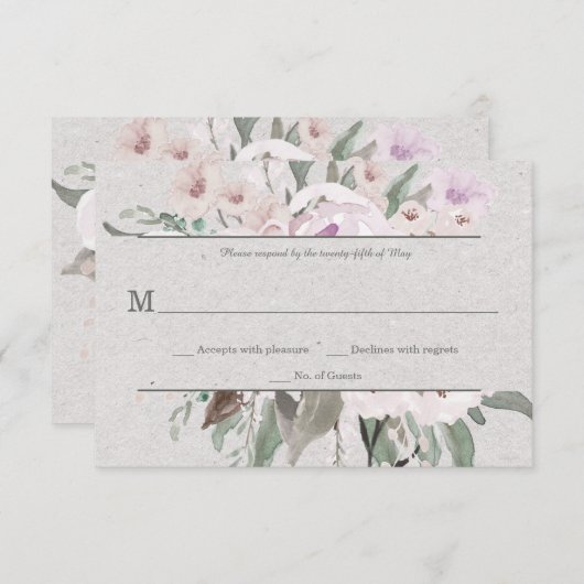 淡いラベンダー・セージ・ピンクの花 - グレー テキスト 出欠カード (正面/裏面)