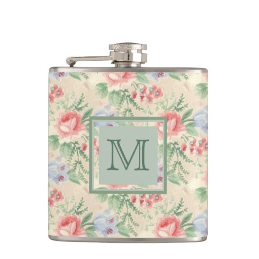 淡いヴィンテージピンクの花のパタパーソナライズされたーン フラスク (正面)