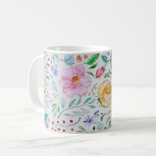 淡い水彩の花とつぼみの模様 コーヒーマグカップ (正面左)