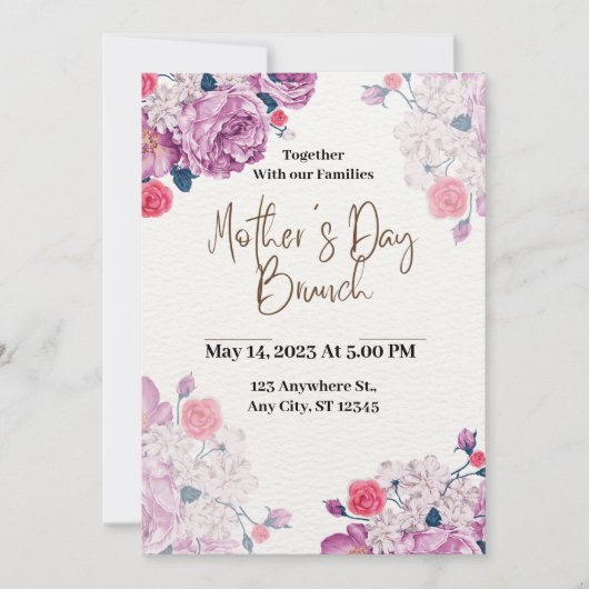 淡い灰色がかったオレンジ色のピンク色の花の母の日 招待状 (正面)