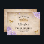 淡い紫と金のバラの羊皮紙　エレガント セーブザデート<br><div class="desc">ラベンダーとゴールドのパーティテーマにぴったりな、ユニークな「Save the Date」のアイデアをお探しですか？ このエレガントなDIYテンプレートの「Save the Date」招待状を使って、あなただけのフェアリーテイルプリンセスをテーマにしたステーショナリーを作成してみましょう。 ラファエラ・ウィルソンによるヴィンテージのフラワーボタニカルウォーターカラーアートは、 ラベンダーとゴールドのリラ色のローズをフィーチャーし、きらきらとしたホログラムゴールドで装飾され、 王冠/ティアラと、輝くバタフライコンフェッティが特徴の、古いスクロールパーチメントペーパー テクスチャの上にデザインされています。 これらのエレガントな「Save the Date」カードには、スイート16の誕生日パーティーのテキストが付いていますが、 すべての言葉は、ラベンダーのウェディング、リラとゴールドのキンセアニェラ（xv/15歳）、 ロイヤルプリンセスのブライダルシャワー、女の子のベイビーシャワー（およびその他の大切なイベント）に合わせて、自由にカスタマイズできます。 このバタフライデザインを別のステーショナリーテンプレートに転送したいですか？ 伝統的なマグネット、クラシックなポストカードなどを好みに応じて作成できます。 近代的なカリグラフィー・スクリプト・タイポグラフィーをお好きなスタイルに変更し、 カスタムメッセージではなく、豪華なMis Quince Anosの写真/イメージを裏面に追加することもできます。 カードをさらにカスタマイズする場合、 軽い羊皮紙オプション、裏面のリラの水彩ローズ、 ソフトなリラのグラデーション フェードを採用することもできます。 お楽しみください！ カテゴリー：スイート16「Save the Date」蝶/花の招待状、エレガントな「Save our Date」ウェディングステーショナリー/郵送アクセサリー。 ゴールドとライトパープルのパーティテーマカラー：ラベンダー、リラ、パステルバイオレット、ライトブラウン、タン、ホワイト、ブラック、イエローシャンパンゴールド。</div>